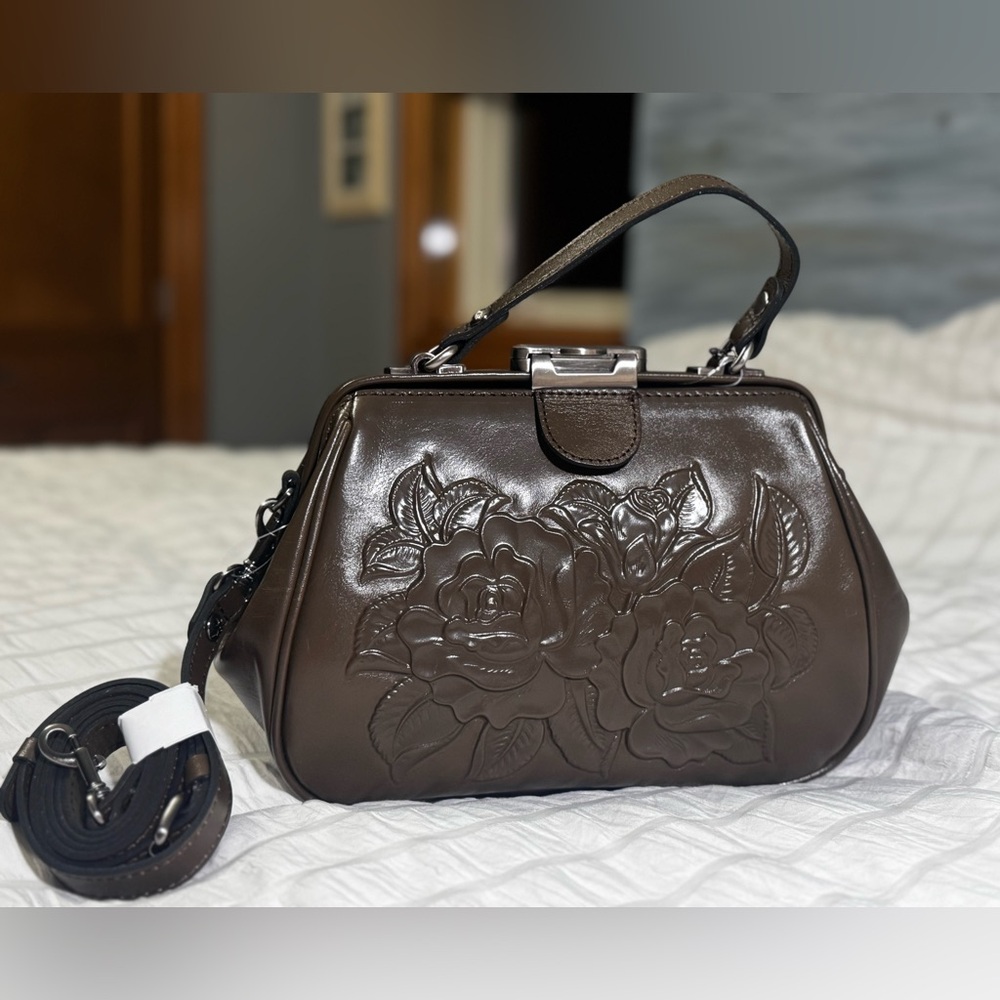 Patricia Nash Gracchi rose tooled mushroom color handbag brand new reg $ 279 - Picture 2 of 12